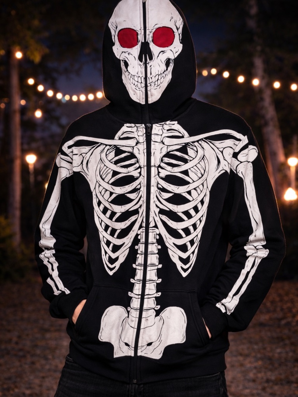 Skeleton Skull Zip Up Hoodie Black Graphic Y2K Grunge Streetwear Edgy Men Large